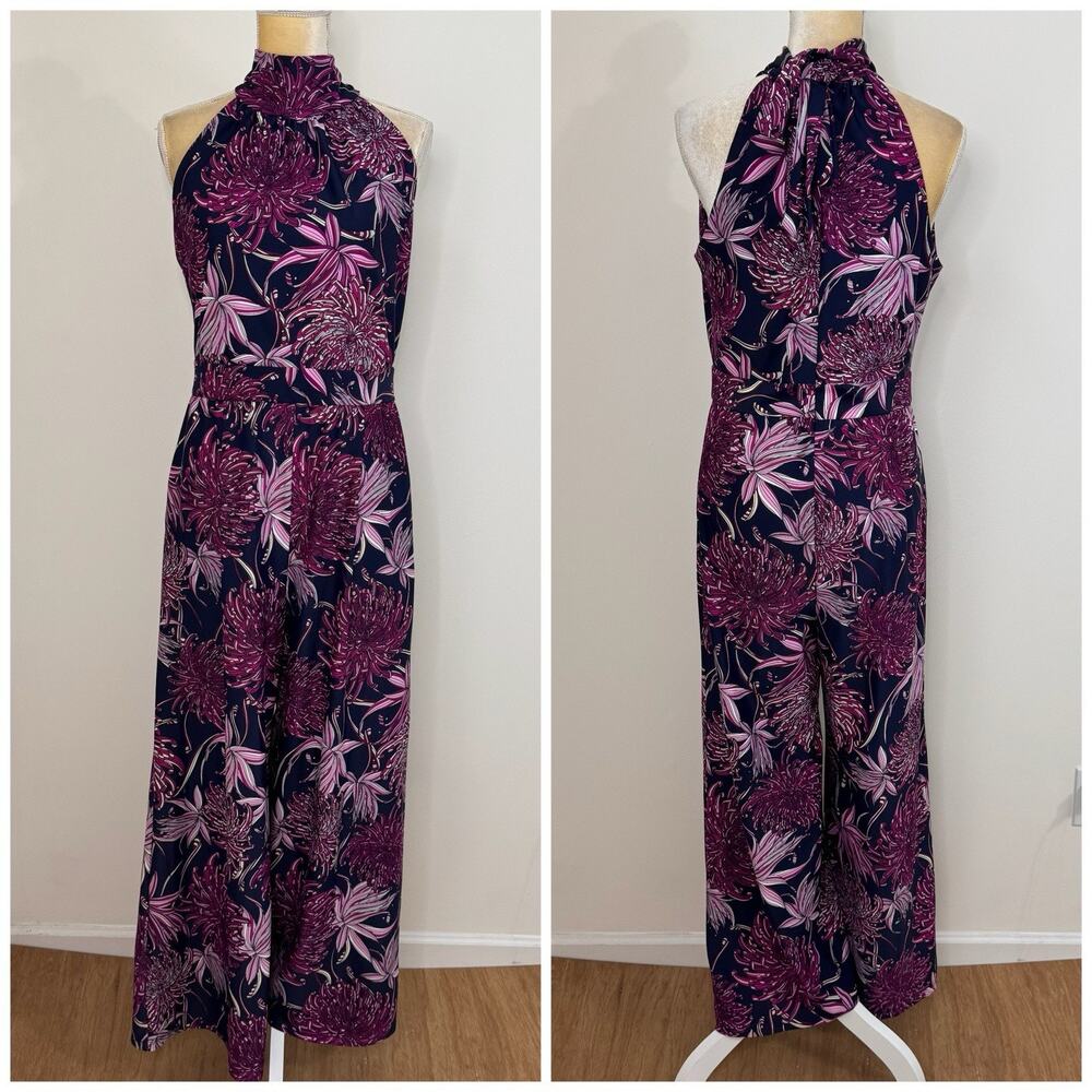 Jude Connally Floral Wide Leg Jumpsuit Size M Purple Mock Neck Tie
